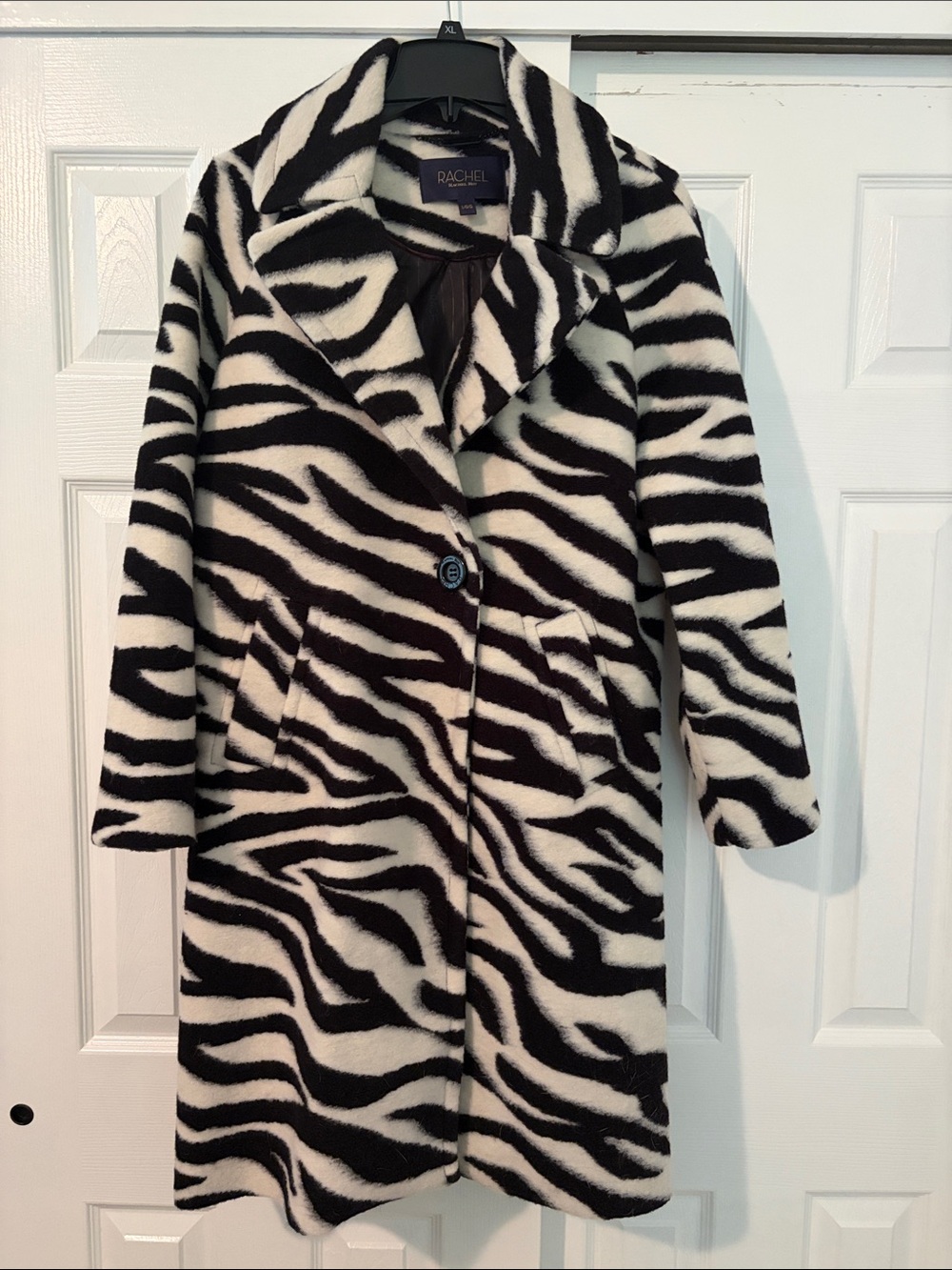 Rachel Black & White Zebra-Print Faux Fur Trench Coat